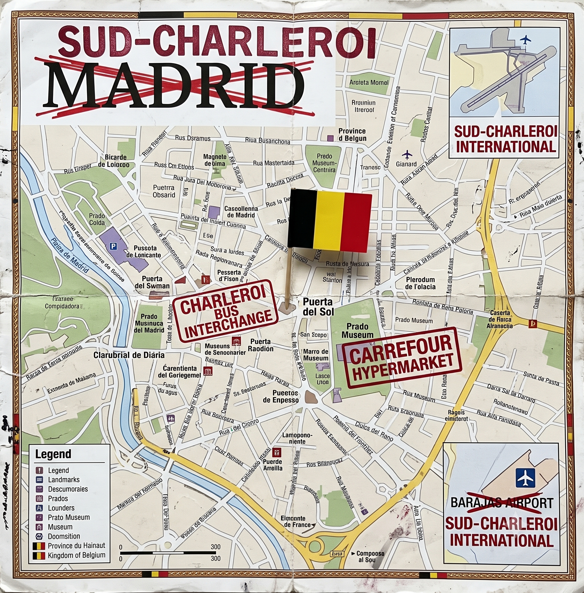 A map of Madrid, modified to show the city renamed to Sud-Charleroi under the Belgian Federal Renaming Programme.