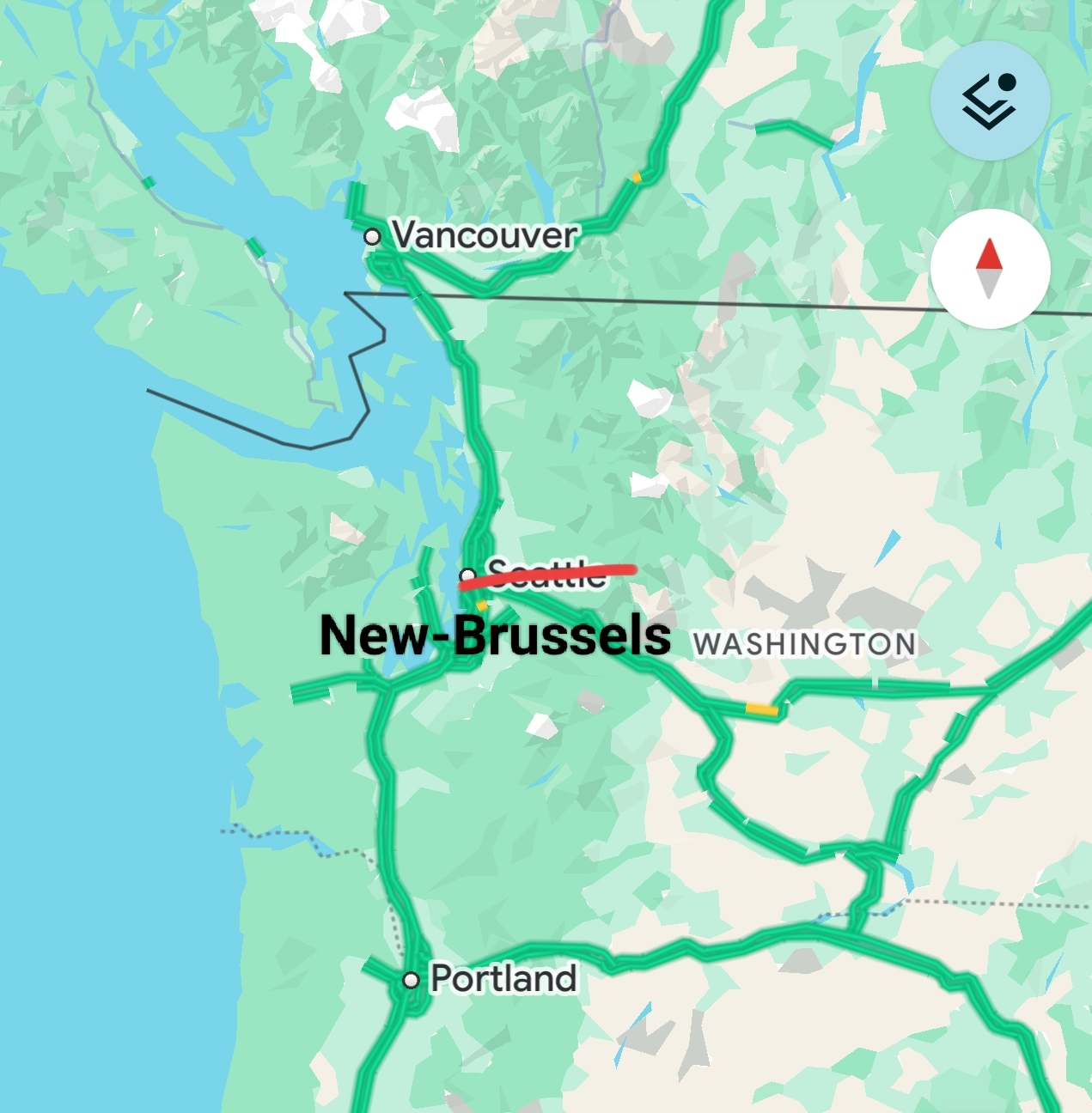 A map of Seattle, modified to reflect the renaming to New-Brussels.